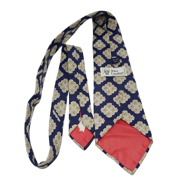 John Comfort London | Navy & Cream/Gold Vintage Printed Silk Tie (One Size) - Picture 8 of 8